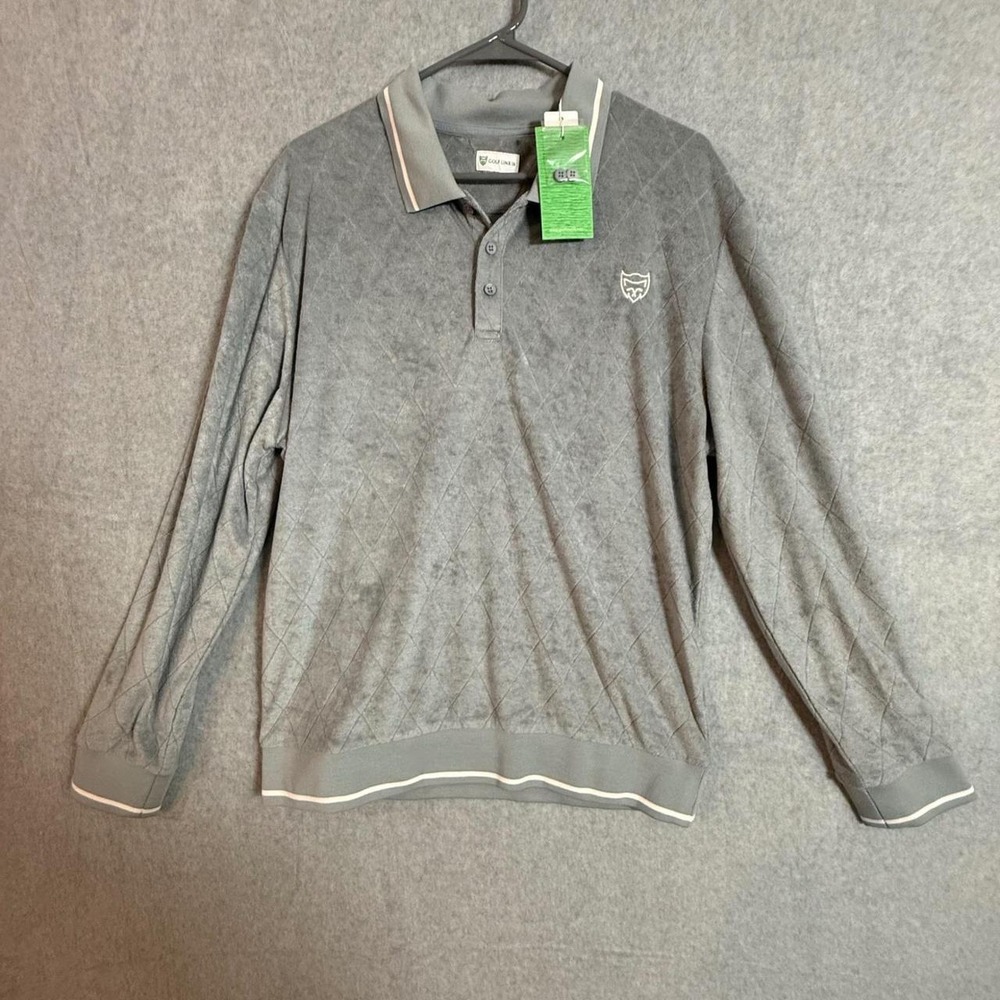 Golflinx Mens Diamond Pattern Terry Polo Shirt Glacier Grey Long Sleeve GLML0019